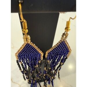 Long Blue Black Seed Bead Fringe Dangle Earrings Gold Tone Boho Statement